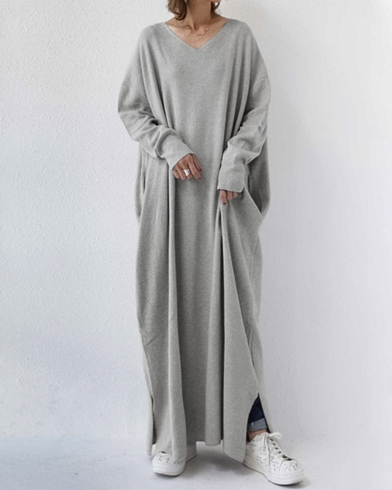 Maxi Kleid | Weich | Atmungsaktiv | Baumwolle | Lockere Passform | Lange Ärmel-Grau-S-Luzern Mode