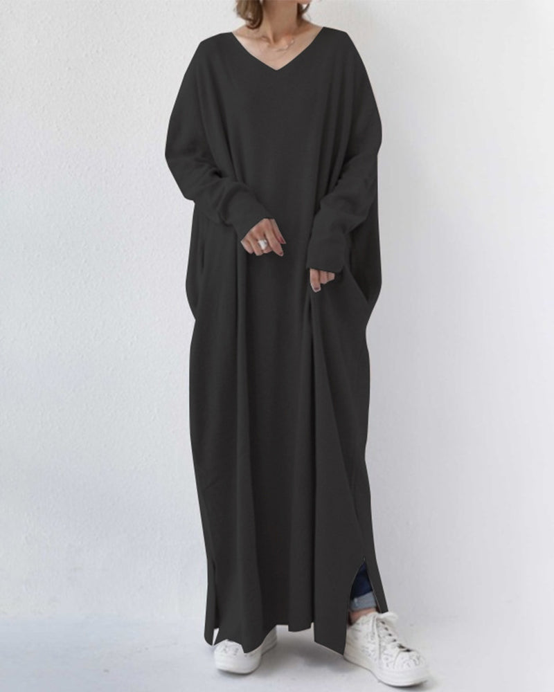 Maxi Kleid | Weich | Atmungsaktiv | Baumwolle | Lockere Passform | Lange Ärmel-Schwarz-S-Luzern Mode