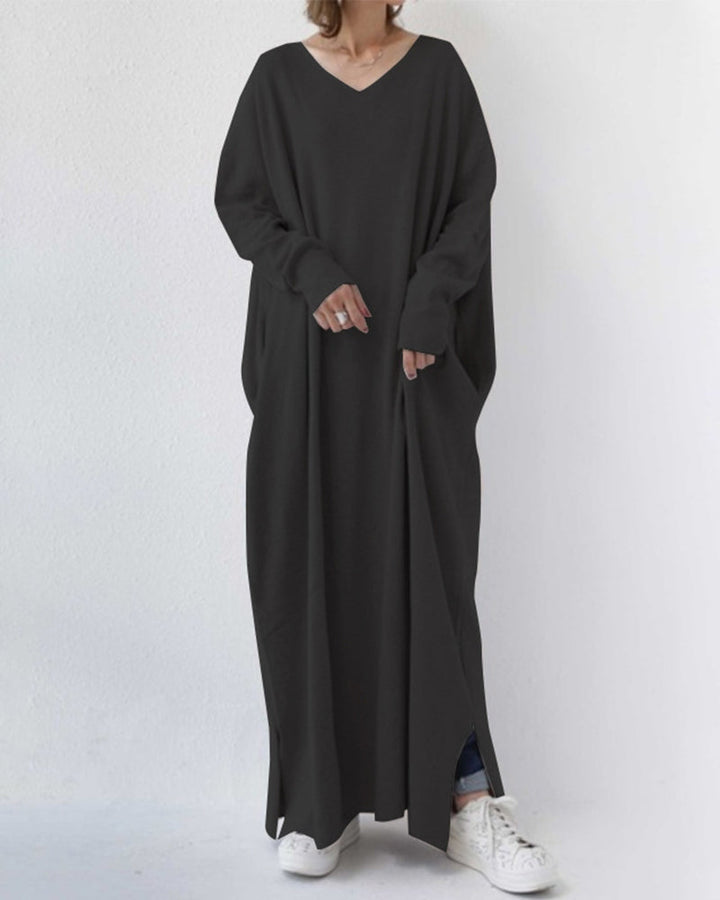 Maxi Kleid | Weich | Atmungsaktiv | Baumwolle | Lockere Passform | Lange Ärmel-Schwarz-S-Luzern Mode