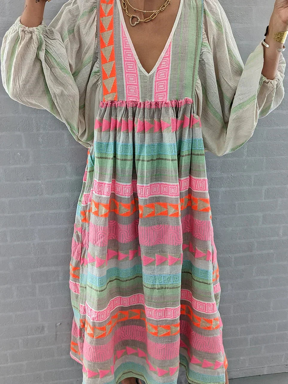 Maxikleid | Farbverlauf | Lockere Schnitt | Lange Ärmel | V-Ausschnitt-Luzern Mode