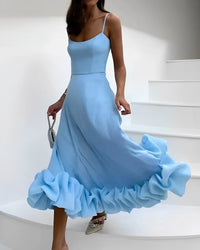 Elegantes Damen Sommerkleid mit Rüschen und Spaghettiträgern-Blau-S-Luzern Mode