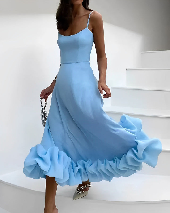 Elegantes Damen Sommerkleid mit Rüschen und Spaghettiträgern-Blau-S-Luzern Mode