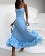 Elegantes Damen Sommerkleid mit Rüschen und Spaghettiträgern-Blau-S-Luzern Mode