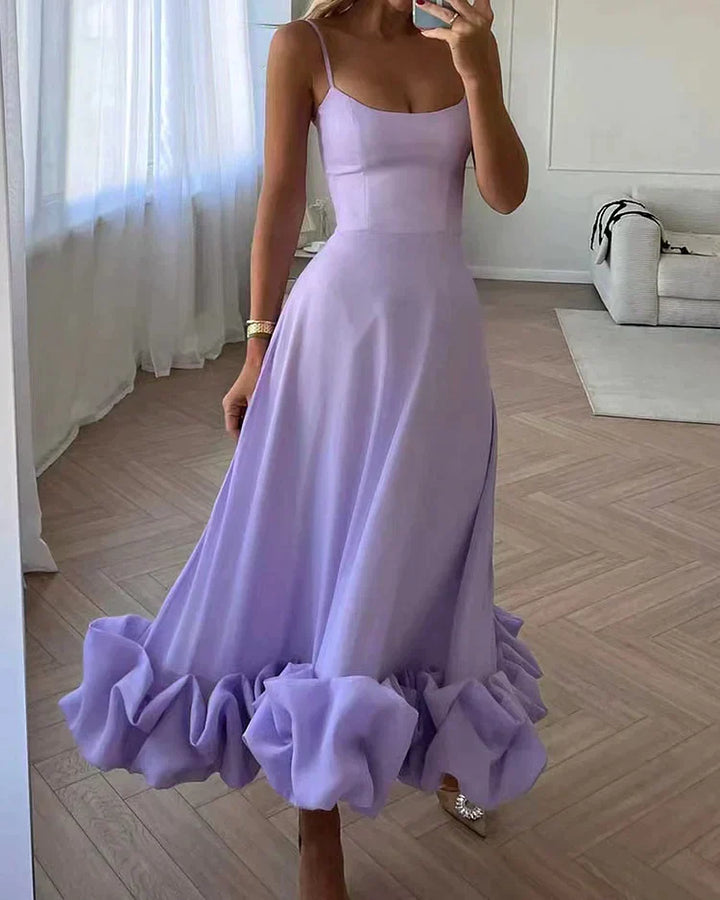 Elegantes Damen Sommerkleid mit Rüschen und Spaghettiträgern-Lila-S-Luzern Mode