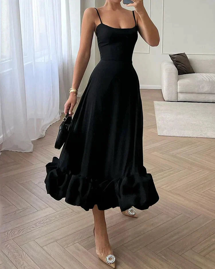 Elegantes Damen Sommerkleid mit Rüschen und Spaghettiträgern-Schwarz-S-Luzern Mode