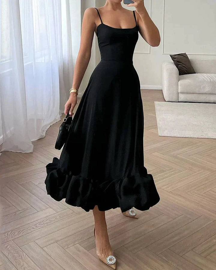 Elegantes Damen Sommerkleid mit Rüschen und Spaghettiträgern-Schwarz-S-Luzern Mode