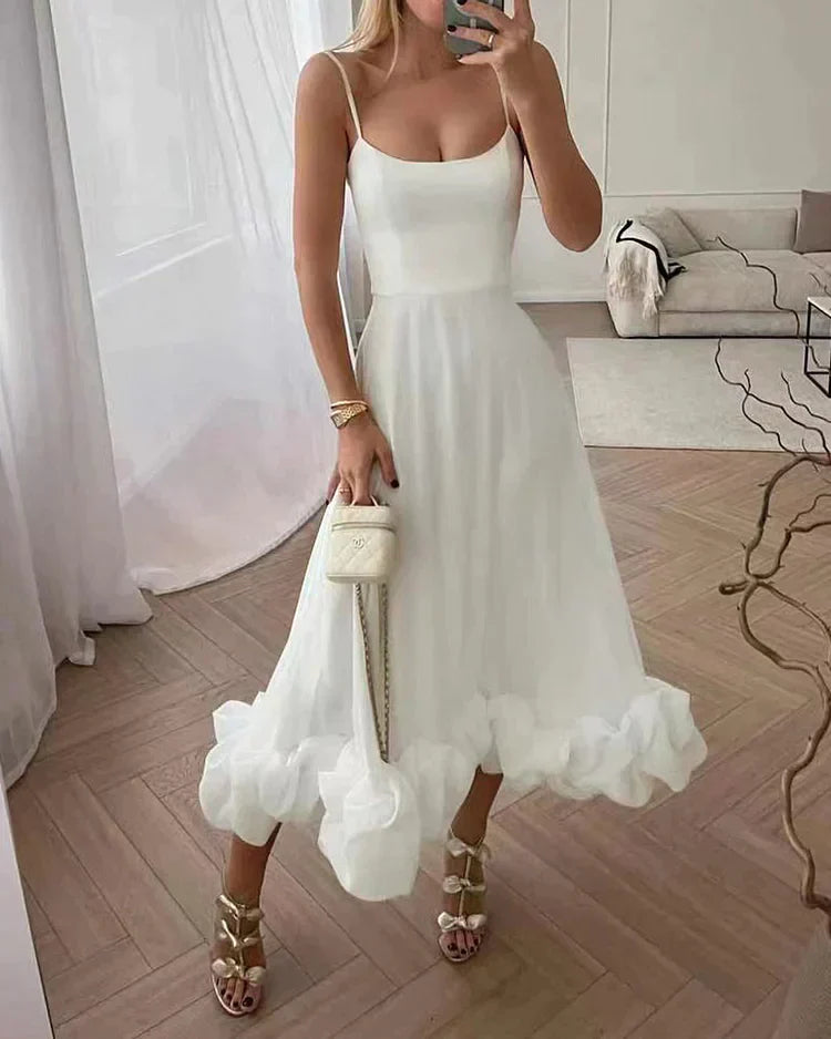 Elegantes Damen Sommerkleid mit Rüschen und Spaghettiträgern-Weiß-S-Luzern Mode