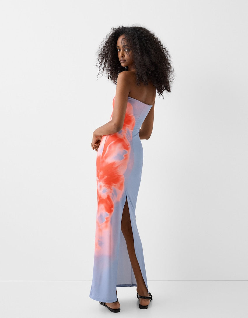 Maxikleid | Sommerlich | Trägerlos | Bunt | Tailliert | Schlitz-S-Luzern Mode