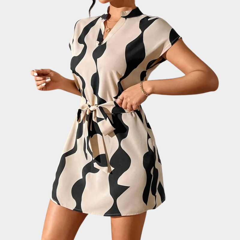 Damen Sommerkleid mit abstraktem Muster und Gürtel-XS-Luzern Mode