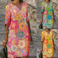Sommerkleid mit Blumenmuster | Bunt | Fröhlich | Halbe Ärmel | V-Ausschnitt-Luzern Mode