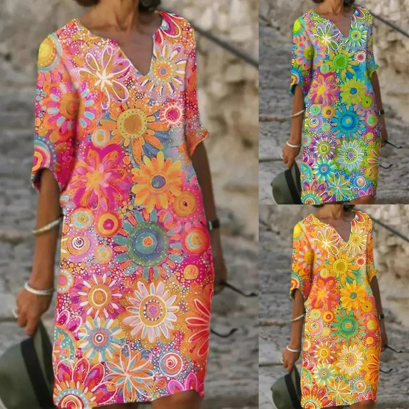 Sommerkleid mit Blumenmuster | Bunt | Fröhlich | Halbe Ärmel | V-Ausschnitt-Luzern Mode