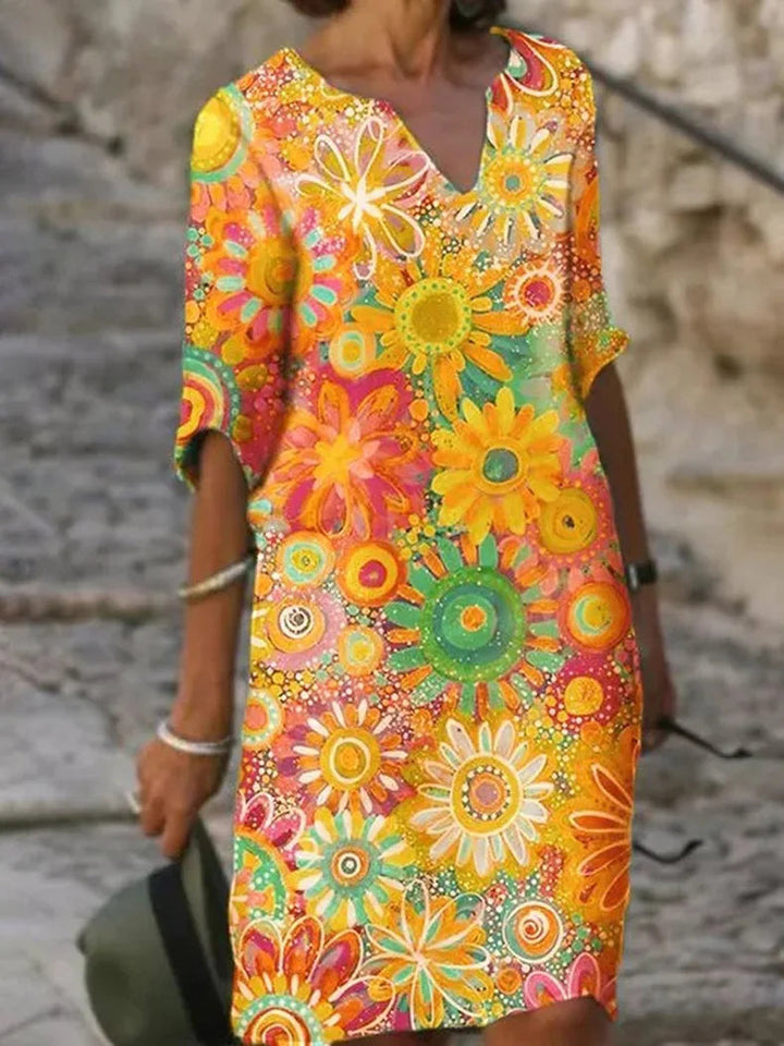 Sommerkleid mit Blumenmuster | Bunt | Fröhlich | Halbe Ärmel | V-Ausschnitt-Gelb-S-Luzern Mode