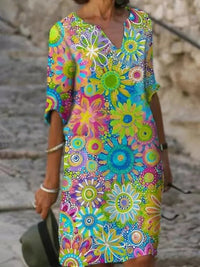 Sommerkleid mit Blumenmuster | Bunt | Fröhlich | Halbe Ärmel | V-Ausschnitt-Grün-S-Luzern Mode
