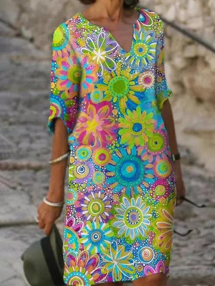 Sommerkleid mit Blumenmuster | Bunt | Fröhlich | Halbe Ärmel | V-Ausschnitt-Grün-S-Luzern Mode