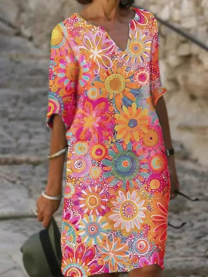 Sommerkleid mit Blumenmuster | Bunt | Fröhlich | Halbe Ärmel | V-Ausschnitt-Rosa-S-Luzern Mode