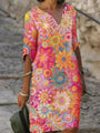 Sommerkleid mit Blumenmuster | Bunt | Fröhlich | Halbe Ärmel | V-Ausschnitt-Rosa-S-Luzern Mode