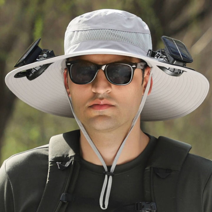 Sonnenhut mit Solarventilator | Kühlung bei Hitze | UV-Schutz | Ideal für Outdoor-Hellgrau-Luzern Mode