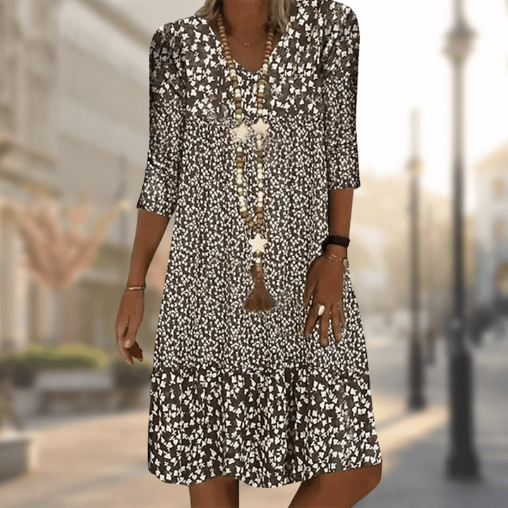 Sommerkleid | Reguläre Passform | Knielang | V-Ausschnitt | Halbe Ärmel | Muster-Braun-M-Luzern Mode