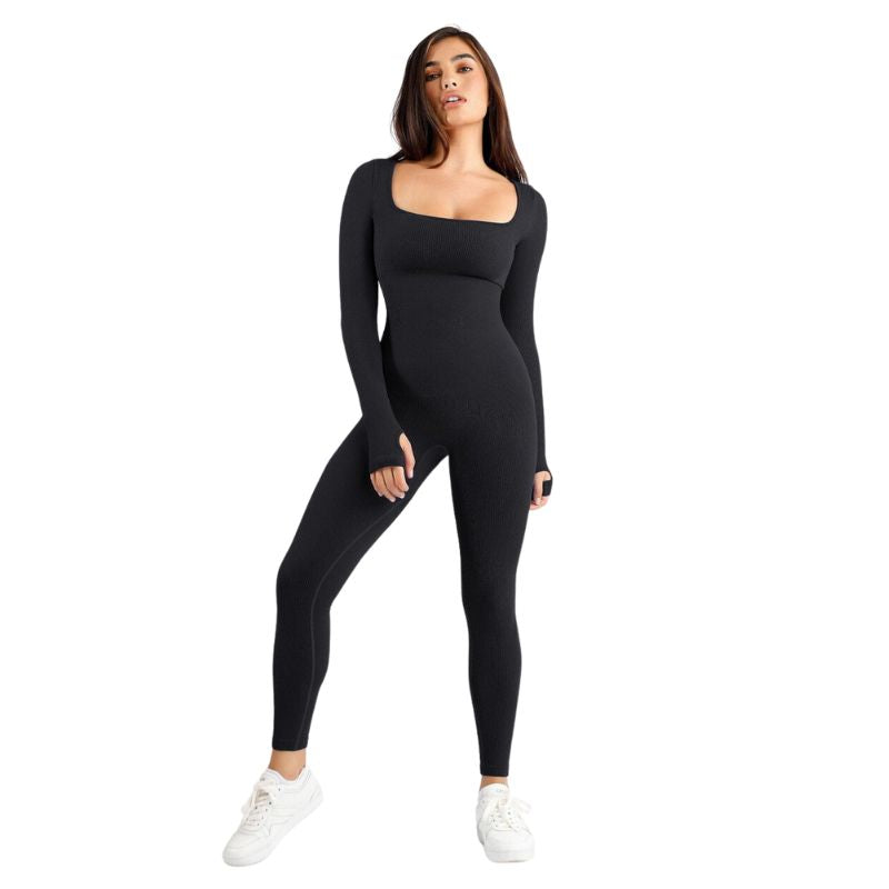 Damen Jumpsuit | Eckigem Ausschnitt | Sportlich | Schwarz | Langarm -S-Luzern Mode