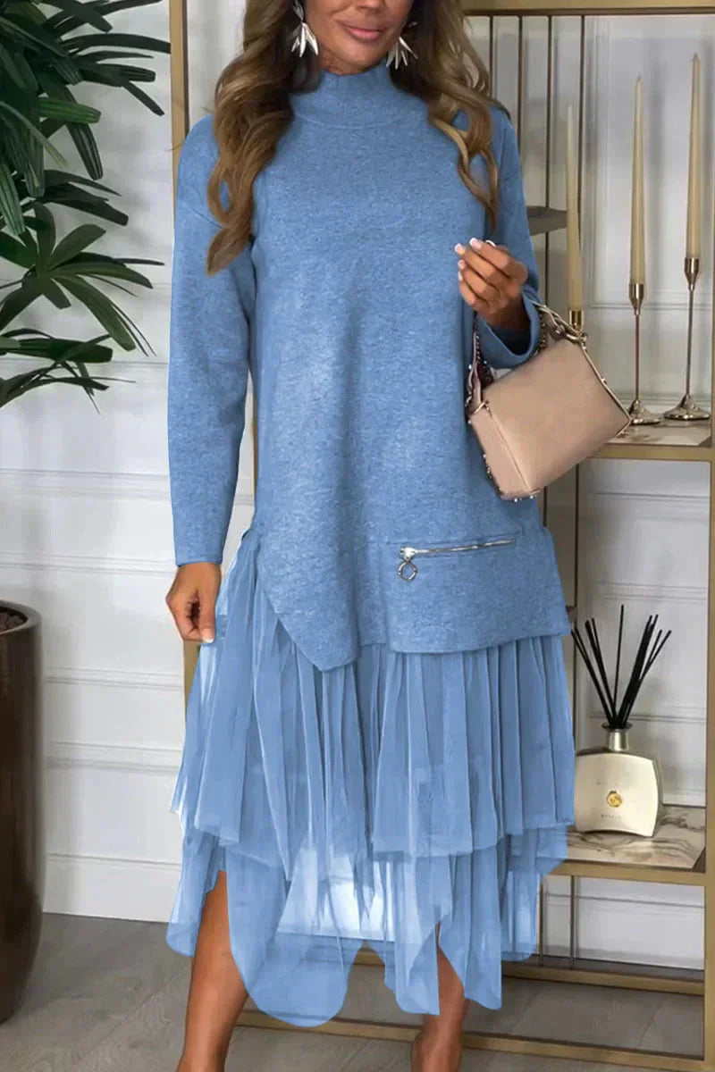 Lässiges Kleid mit langen Ärmeln und Mesh-Rock – Ysolde