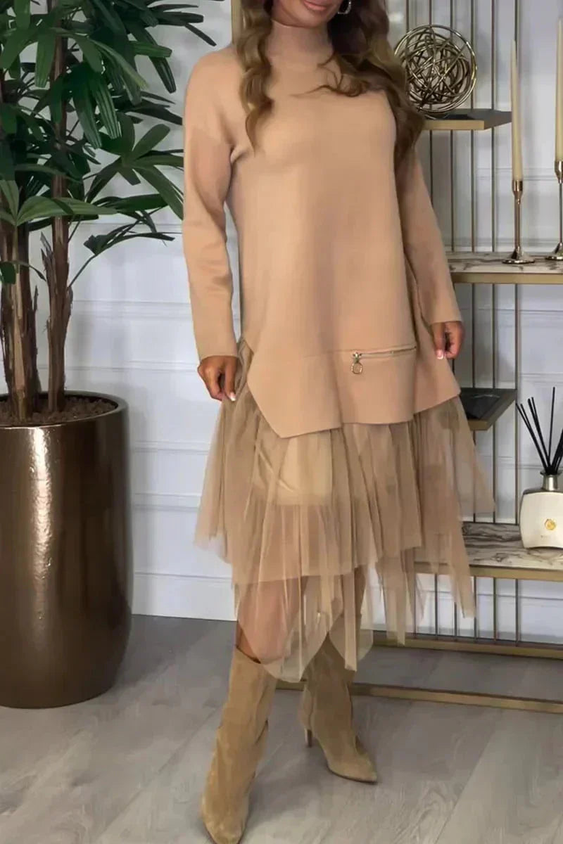Lässiges Kleid mit langen Ärmeln und Mesh-Rock – Ysolde