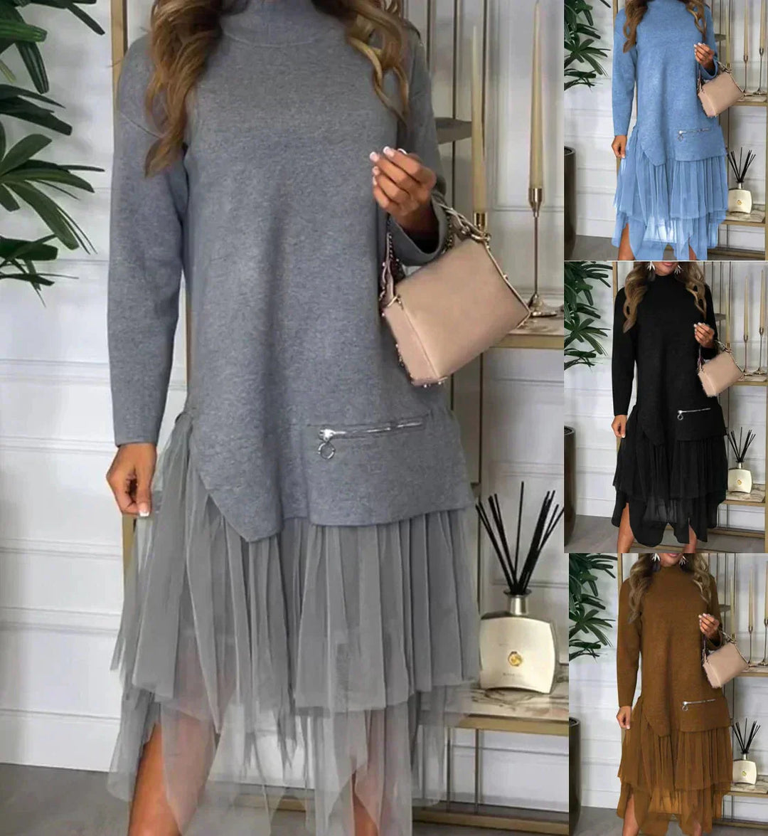 Lässiges Kleid mit langen Ärmeln und Mesh-Rock – Ysolde