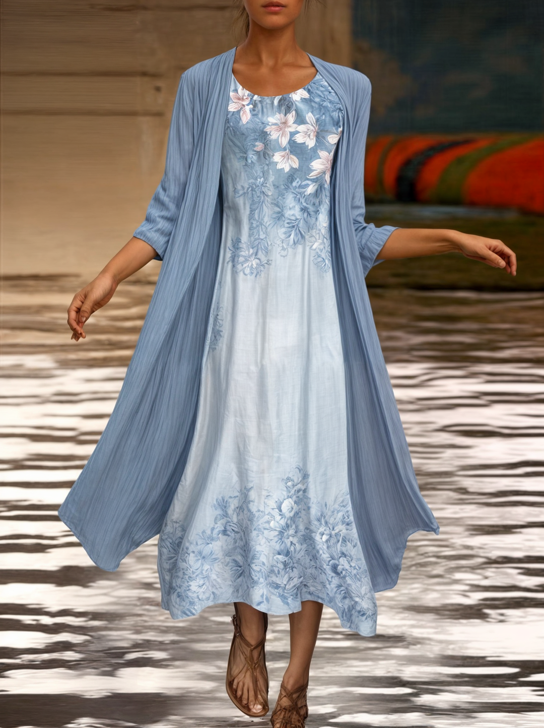 A-Linien Kleid Damen | Blumenprint | ärmellos | Chiffon | mit Weste | knielang-Blauwestar-M-Luzern Mode