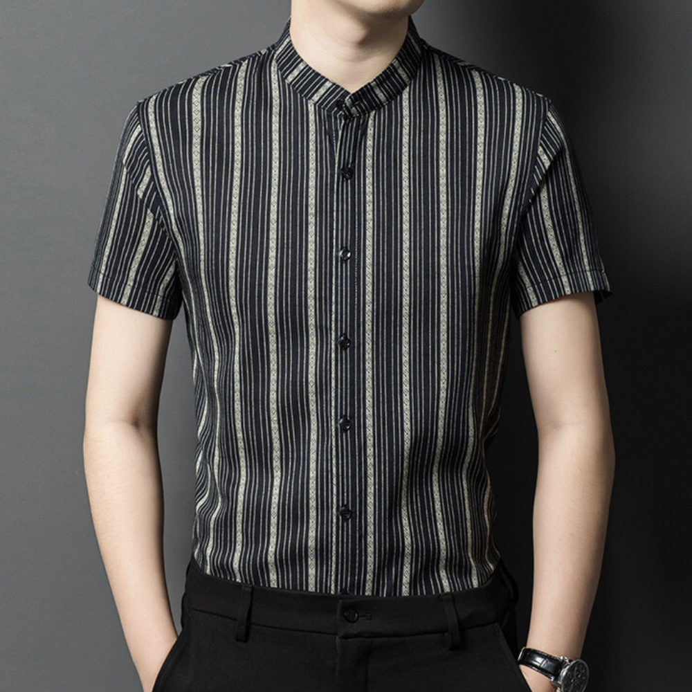 Herren Kurzarmhemd mit Streifenmuster - Modern und Elegant-Schwarz-S-Luzern Mode