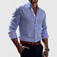 Gestreiftes Herrenhemd | Lange Ärmel | Knöpfe | Kragen | Slim Fit-Blau-S-Luzern Mode