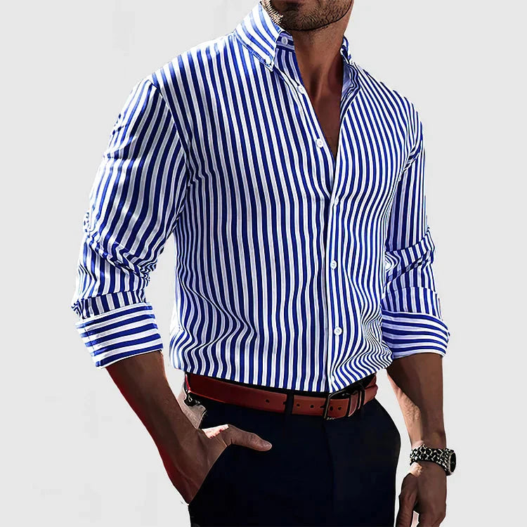 Gestreiftes Herrenhemd | Lange Ärmel | Knöpfe | Kragen | Slim Fit-Blau-S-Luzern Mode