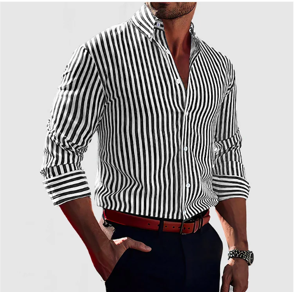 Gestreiftes Herrenhemd | Lange Ärmel | Knöpfe | Kragen | Slim Fit-Schwarz-S-Luzern Mode