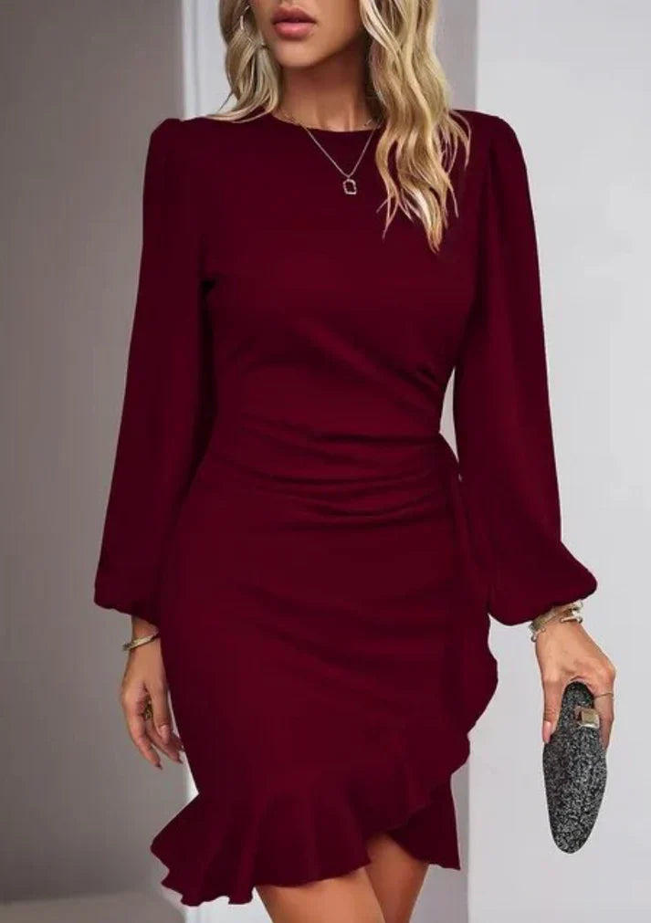 Elegantes Damenkleid mit Langarm und Rüschen-Design-Bordeauxrot-S-Luzern Mode
