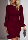 Elegantes Damenkleid mit Langarm und Rüschen-Design-Bordeauxrot-S-Luzern Mode