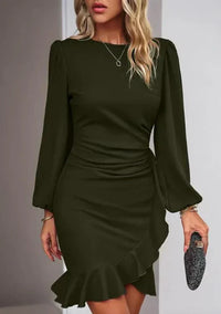Elegantes Damenkleid mit Langarm und Rüschen-Design-Dunkelgrün-S-Luzern Mode