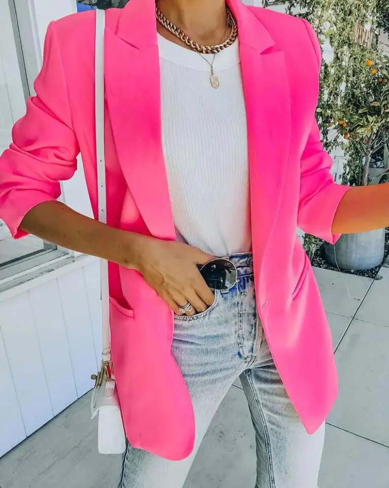 Farbige Damenblazer | Uni | Einknopf | Taschen | Lange Ärmel-Rosa-S-Luzern Mode