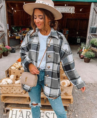 Damen Karohemd Oversize mit Tasche für Herbstmode-Grau Akzent-S-Luzern Mode