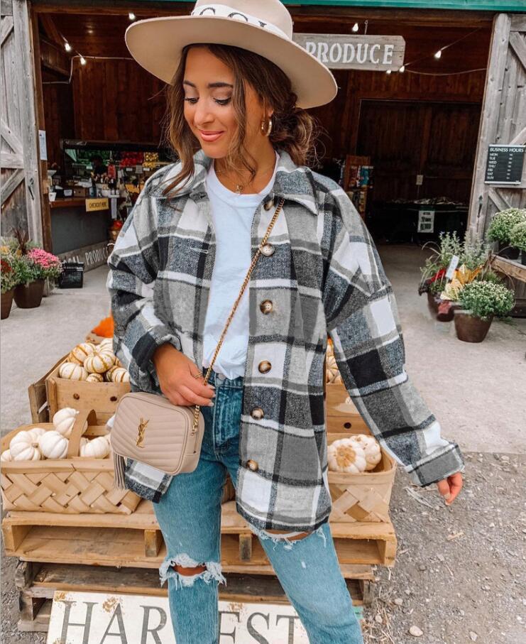 Damen Karohemd Oversize mit Tasche für Herbstmode-Grau Akzent-S-Luzern Mode