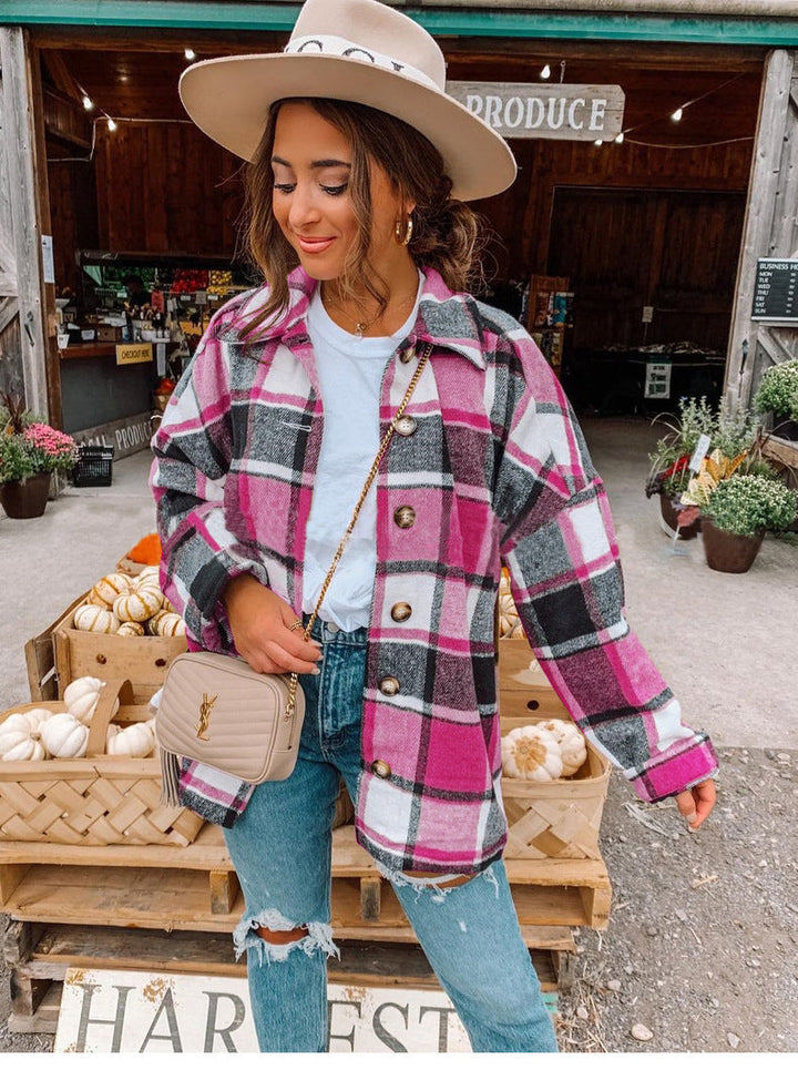 Damen Karohemd Oversize mit Tasche für Herbstmode-Leuchtend rosa Akzent-S-Luzern Mode
