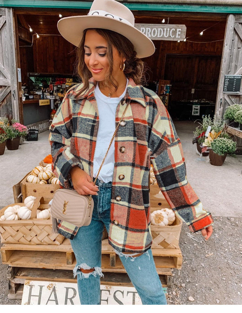 Damen Karohemd Oversize mit Tasche für Herbstmode-Orange Akzent-S-Luzern Mode