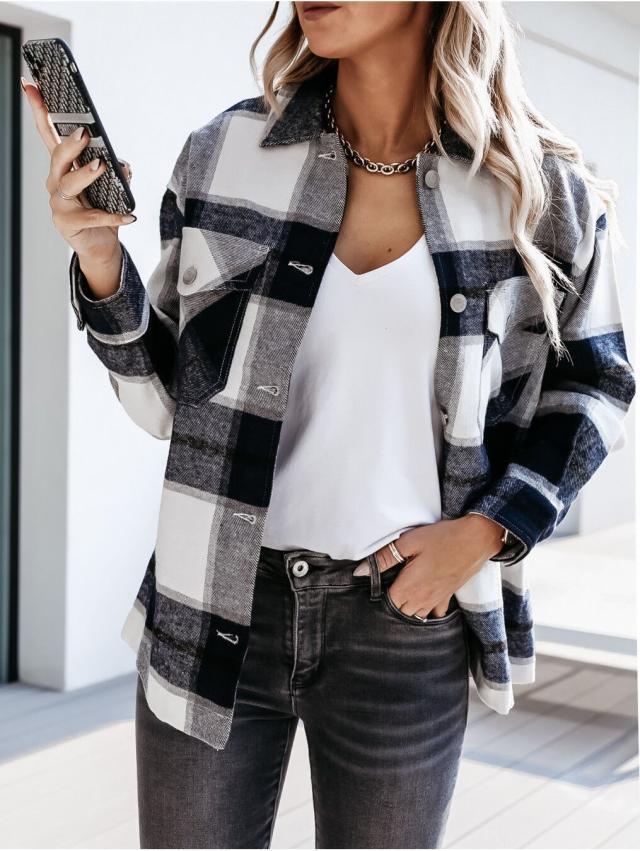 Damen Karohemd Oversize mit Tasche für Herbstmode-Schwarz Akzent-S-Luzern Mode