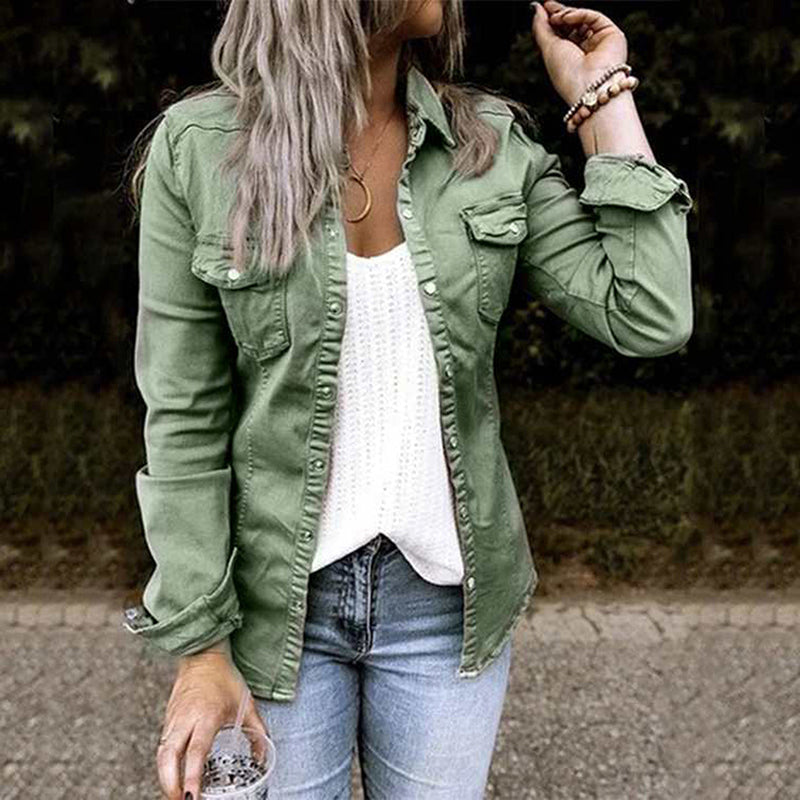 Damen Jeansjacke | Taschen | Baumwolle | Langarm | Knopfleiste -Grün-S-Luzern Mode