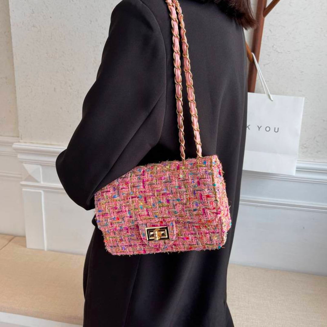 Damen Handtasche aus Tweed mit Kettenriemen und Schloss-Luzern Mode