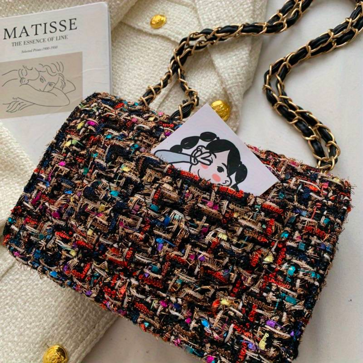 Damen Handtasche aus Tweed mit Kettenriemen und Schloss-Luzern Mode