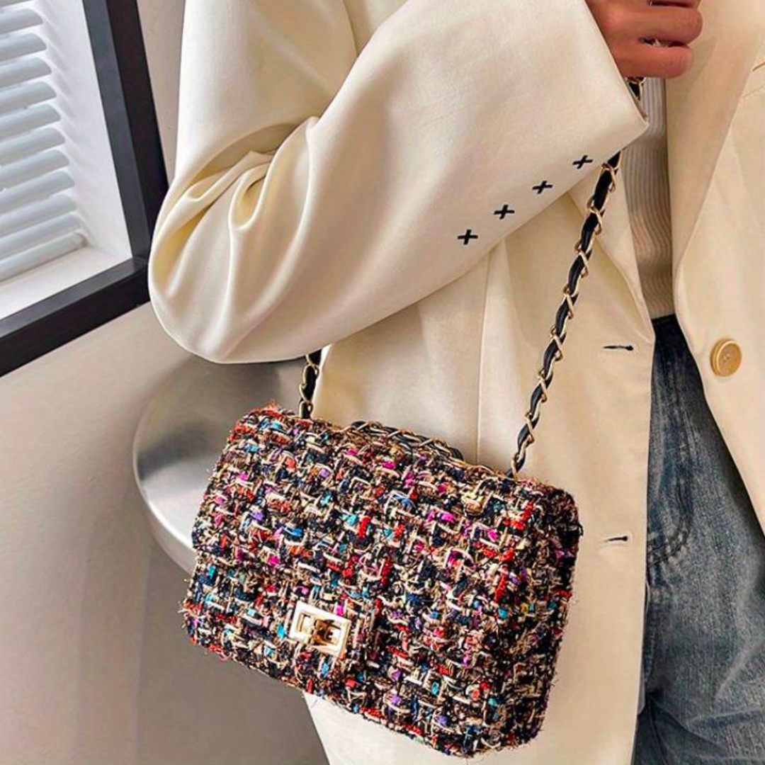 Damen Handtasche aus Tweed mit Kettenriemen und Schloss-Luzern Mode