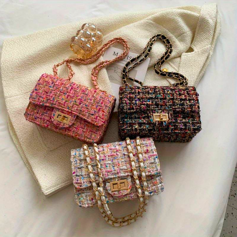 Damen Handtasche aus Tweed mit Kettenriemen und Schloss-Luzern Mode