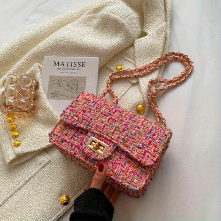 Damen Handtasche aus Tweed mit Kettenriemen und Schloss-Rosa-Luzern Mode