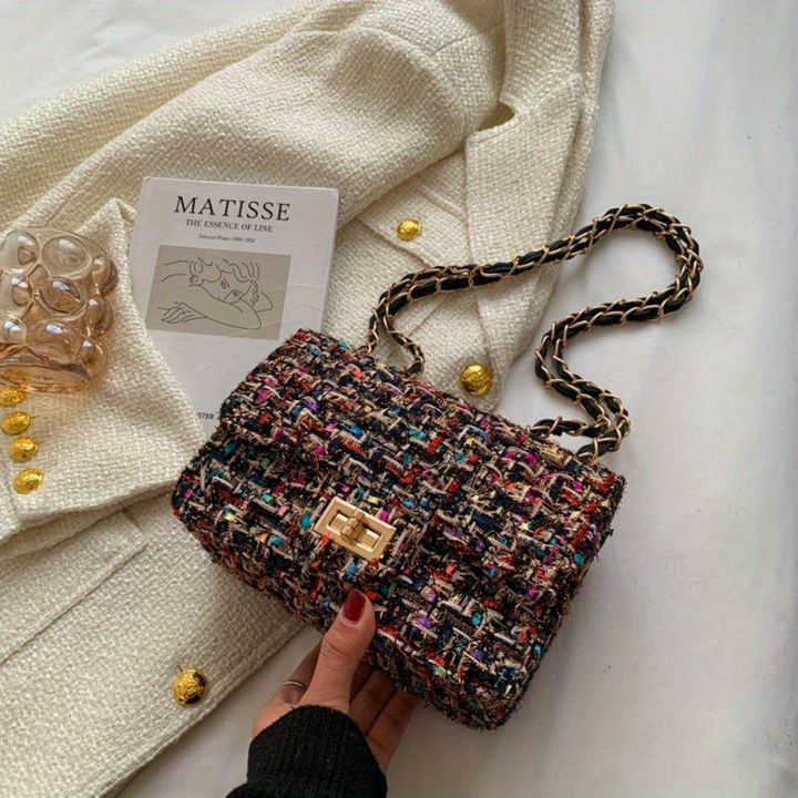 Damen Handtasche aus Tweed mit Kettenriemen und Schloss-Schwarz-Luzern Mode