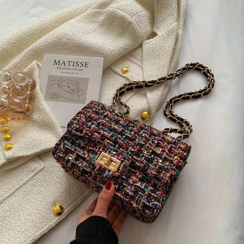 Damen Handtasche aus Tweed mit Kettenriemen und Schloss-Schwarz-Luzern Mode