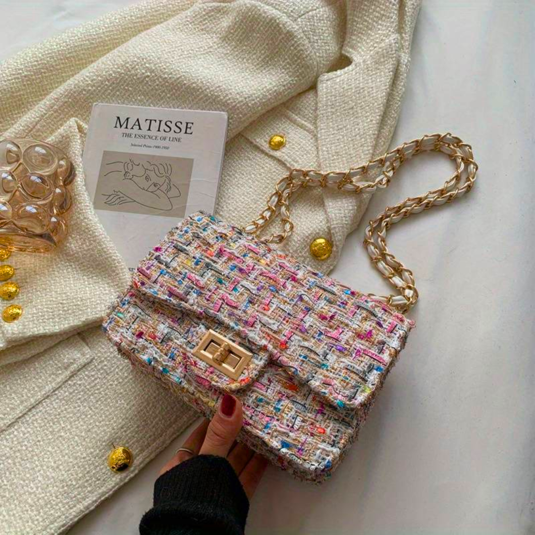 Damen Handtasche aus Tweed mit Kettenriemen und Schloss-Weiß-Luzern Mode