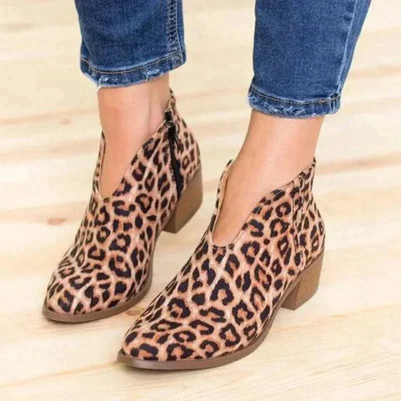 Alamea Damen V-Cut Rits Stiefeletten mit Blockabsatz-Leopardenmuster-36-Luzern Mode